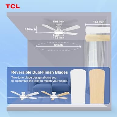 TCL Ceiling Fans with Lights, 52 Inch Low Profile Ceiling Fan with Light and Remote Control, Flush Mount, DC Reversible Motor, Noiseless, 6 Speeds Ceiling Fan for Bedroom (White) - Image 7