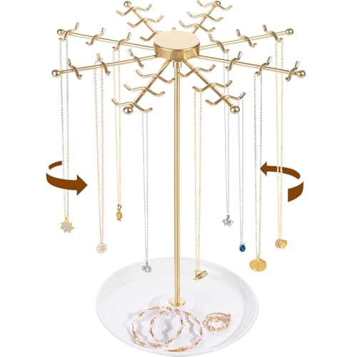 PABOBIT Rotating Necklace Holder Jewelry Stand, Gold Necklace Organizer Display with 48 W-shaped Hooks,Jewelry Organizer for Necklaces Earrings Rings Storage Tree, Presents for Women - Image 1