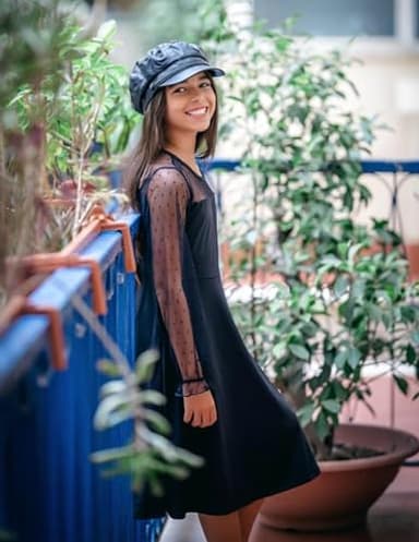 Arshiner Girl's Contrast Mesh Puff Long Sleeve High Waist A Line Black Short Dress with Pockets 9-10 Years - Image 5