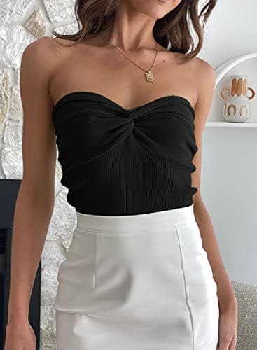 EFAN Womens Tube Tops Summer Sweater Twist Knot Front Knit Bandeau Strapless Ribbed Sleeveless Y2K Corset Crop Top Black M - Image 4