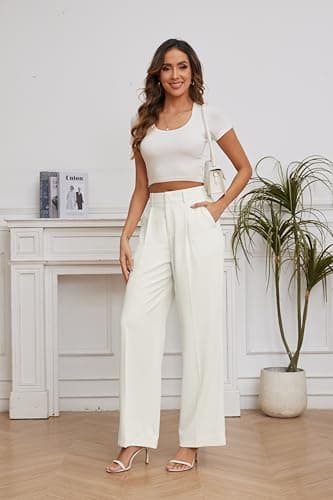 FUNYYZO Women Suit Pants Wide Leg Pants High Elastic Waisted in The Back Business Work Trousers Long Straight White - Image 2