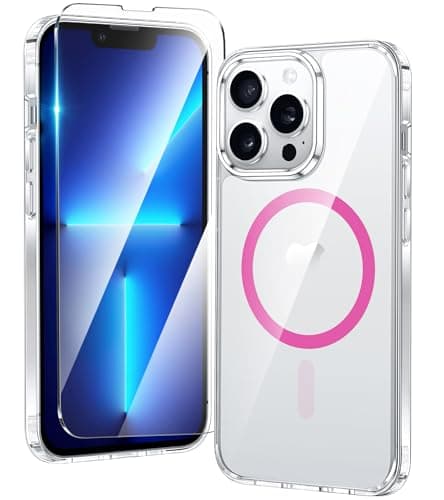 FNTCASE for iPhone 13 Pro Case: Magnetic Anti-Yellowing Slim Clear Phone Case | Military Grade Protective & Shockproof Drop Protection Thin Transparent Cover (F-Hot Pink) - Image 1