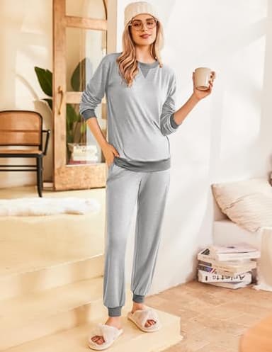 Ekouaer Womens Pajama Sets Long Sleeve Pjs Comfy Pj Set Jogger 2 Piece Lounge Pajamas Sets for Women Grey Small - Image 4