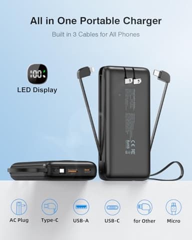 penaover Portable Charger with Built-in Cables&AC Wall Plug,5 Output 2 Input 20000mAh Power Bank,22.5W Fast Charging Battery Pack with LED Display,Compatible with iPhones,Android, Samsung etc,Black - Image 2