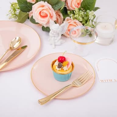 YOUBET 125PCS Pink Plastic Plates - Pink Disposable Plates With Gold Rim - Pinks and Gold Plates Include 25 Dinner Plates, 25 Dessert Plate, 75 Cutlery for Party Wedding Birthday - Image 3