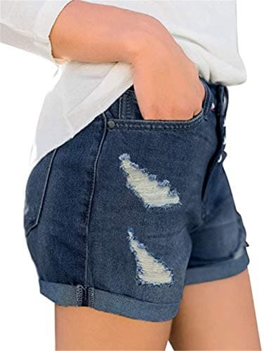 MODARANI Boyfriend Jean Shorts for Women Distressed Frayed Denim Shorts Dark Blue S - Image 2