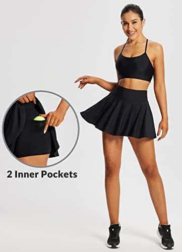 baleaf Tummy Control Tennis Skirts for Women High Waisted Flowy Pleated Golf Skorts Skirts with Shorts 2 Inner Pockets Black L - Image 3