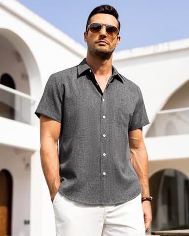 Alimens & Gentle Mens Linen Shirts Short Sleeve Button Down Shirts Wrinkle Free Casual Vacation Beach Summer Tops,Black Grey,6XL - Image 2