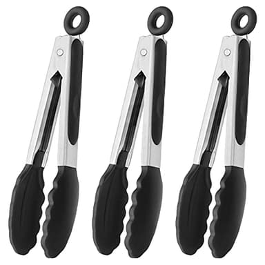 HINMAY Mini Tongs with Silicone Tips 7-Inch Kitchen Tongs, Set of 3 (Black) - Image 1