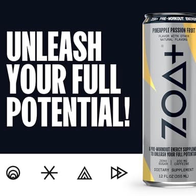 ZOA+ Pre-Workout Energy Drink Supplement - NSF Certified for Sport with Zero Sugar, Nitric Oxide Support, B & D Vitamins, Amino Acids, and Electrolytes (Pineapple Passion Fruit) - 12 pack - Image 3