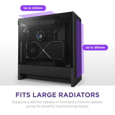 NZXT H5 Flow 2024 - Compact ATX Mid-Tower PC Gaming Case - High Airflow - 2 x 120mm Fans Included - 360mm Front & 240mm Top Radiator Support - Cable Management System - Tempered Glass - Black - Image 4