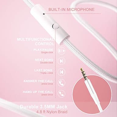 LORELEI X6 Over-Ear Headphones with Microphone, Lightweight Foldable & Portable Stereo Bass Headphones with 1.45M No-Tangle, Wired Headphones for Smartphone Tablet MP3 / 4 (Pearl Pink) - Image 3