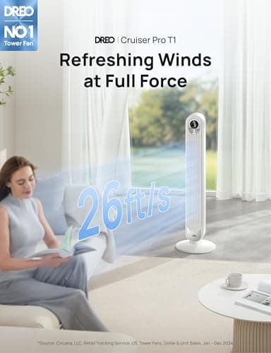 Dreo Tower Fan 42 Inch, Cruiser Pro T1 Quiet Oscillating Bladeless Fan with Remote, 6 Speeds, 4 Modes, LED Display, 12H Timer, White Floor Standing Fan Powerful for Indoor Home Bedroom Office Room - Image 2