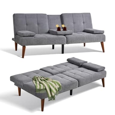 COLAMY Futon Sofa Bed-Fabric Small Couch, Small Lounge Convertible with 2 Cup Holders, Removable Soft Armrest, Adjustable Backrest for Dorm/Bedroom/College - Image 1