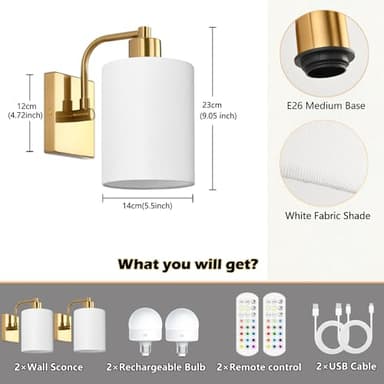 ZZ Joakoah Battery Operated Wall Sconce Set of 2, Dimmable with Remote Control, 15 Colors Indoor Wireless Wall Mounted Lamp with Rechargeable Bulb, Wall Lighting for Bedroom Living Room, Gold - Image 4