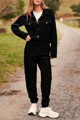 PRETTYGARDEN Womens Two Piece Sets Fall 2025 Long Sleeve Button Down Shacket Jacket Long Sweatpants Tracksuit Winter Clothes (Black,Large) - Image 2