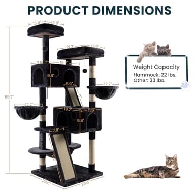 SHA CERLIN 65in Larger Cat Tree Tower Condo for Indoor Kitties/Multi-Level Furniture Activity Center with Wide Base/Cozy Plush Cat Perches/Baskets/Sisal Scratching Posts and Hammock/Dark Grey - Image 8