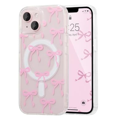 UEEBAI Magnetic for iPhone 14 & iPhone 13 Case, Bow Case Compatible with MagSafe, Wireless Slim Clear Ribbon Phone Cover Anti-Yellowing Shockproof Protective Cover for Women Girl - Pink - Image 1