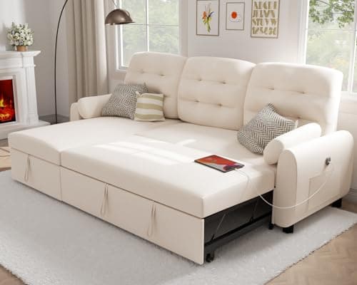 Ucloveria Sectional Sofa Couch, 87" Sleeper Sofa Bed with Reversible Storage Chaise Pull Out Couch for Living Room | Side Pocket | Charging Station | Removable Backrest | Linen Fabric, Beige - Image 1
