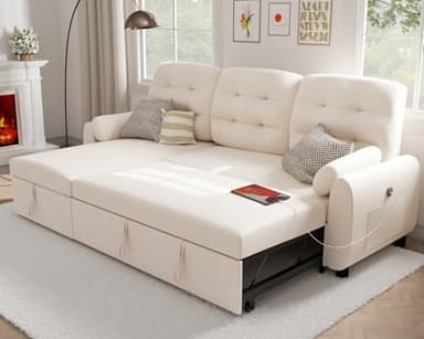 Ucloveria Sectional Sofa Couch, 87" Sleeper Sofa Bed with Reversible Storage Chaise Pull Out Couch for Living Room | Side Pocket | Charging Station | Removable Backrest | Linen Fabric, Beige - Image 1