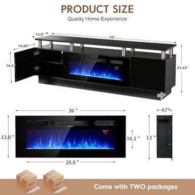 OneBlis 70" TV Stand for Living Room, Modern Entertainment Center & Media Console, Fits TVs up to 80", Storage Cabinet with Shelves, 36" Electric Fireplace with LED Flame (All Black) - Image 2