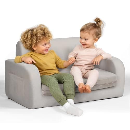 3-in-1 Extra Wide Convertible Kids Couch, Flip Open Toddler Couch to Lounger, Comfy Toddler Chair, Machine-Washable Kids Sofa for Girls, Kid Sofa Bed for Fun Playtime or Comfy Lounging, Gray - Image 1
