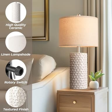PARTPHONER 23" Modern Ceramic Table Lamp Set of 2, Table Lamps for Living Room, Rustic Farmhouse Bedside Lamps Nightstand lamp for Bedroom, White Desk Lamp for End Table Home Decor Beige - Image 4