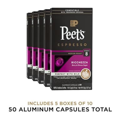 Peet's Coffee, Medium Roast Espresso Capsules, Compatible with Nespresso Original Machine - Ricchezza Intensity 8, 50 Count (5 Boxes of 10 Espresso Capsules) - Image 2