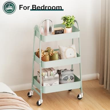 SMUG 3 Tier Rolling Cart - Metal Utility Carts on Lockable Caster Wheels, Mobile Storage Shelves Organizer for Livingroom, Bathroom, Kitchen, Bedroom & Narrow Places, Green - Image 7