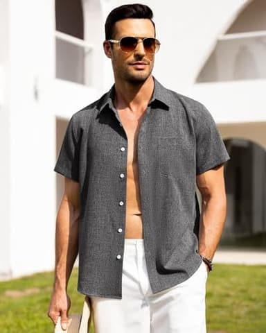 Alimens & Gentle Mens Linen Shirts Short Sleeve Button Down Shirts Wrinkle Free Casual Vacation Beach Summer Tops,Black Grey,6XL - Image 3