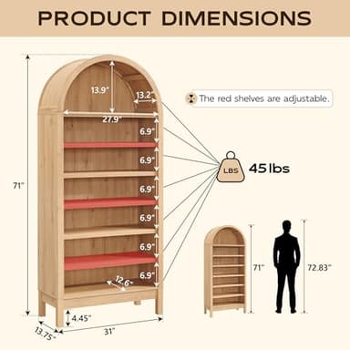 IFGET 71" Tall Arched Bookshelf, 7 Tiers Arch Bookcase with Storage, Modern Farmhouse Book Shelf with Adjustable Shelves, Wood Bookshelf w/Open Display Shelves for Living Room, Office (Natural) - Image 2