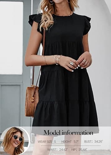 KIRUNDO Womens Dresses Summer Casual Sleeveless Ruffle Sleeve Round Neck Black Loose Short Flowy Pleated Mini Babydoll Dress (Black, Medium) - Image 2