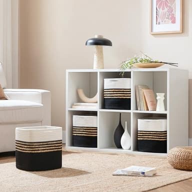 UBBCARE Set of 2 Storage Cubes 11 X 11 X 11 in, Water Hyacinth Storage Bins for Shelves, Toys, Book, Storage Baskets with Handles, Cotton Rope Woven Baskets for Organizing, Black - Image 3