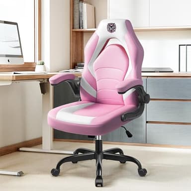 BestGlory Gaming Chair, Leather High-Back Home Office Desk Chair with Flip-Up Arms, Ergonomic Padded Rolling Wheels Swivel Tilt Gamer Computer Chair with Comfy Lumbar Support, Height Adjustable, Pink - Image 7