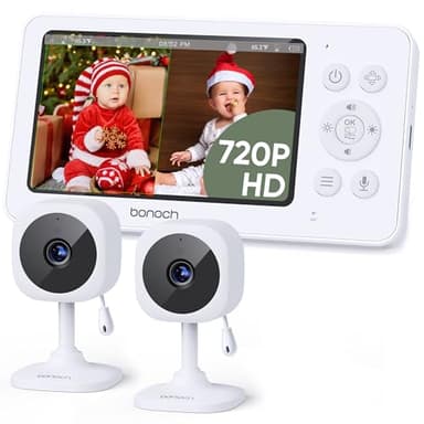 bonoch 4.3" Baby Monitor with 2 Cameras, 720p Split Screen Monitor with Camera and Audio, 28hour Battery, Video Baby Monitor No WiFi, VOX Mode, 2 Way Audio, Auto Night Vision, 2X, 3X, 4X Zoom - Image 1