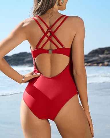 Charmo Tummy Control One Piece Swimsuits for Women Ruched Bathing Suits Padded High Cut Monokini Red X-Large - Image 2