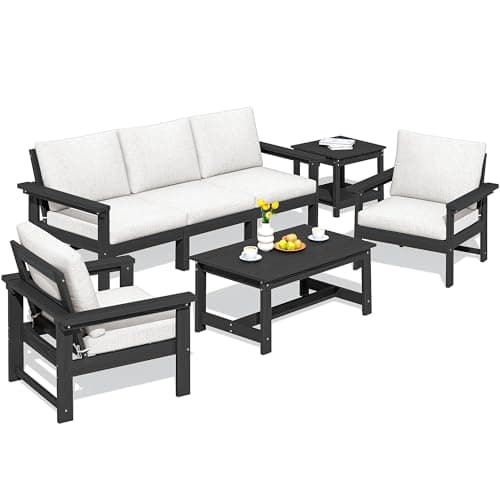 SERWALL HDPE Patio Furniture Set, 7-Piece Outdoor Sectional Sofa Set, All Weather Outdoor Couch Set for Deck, Lawn, Black Frame with Khaki Cushion - Image 1