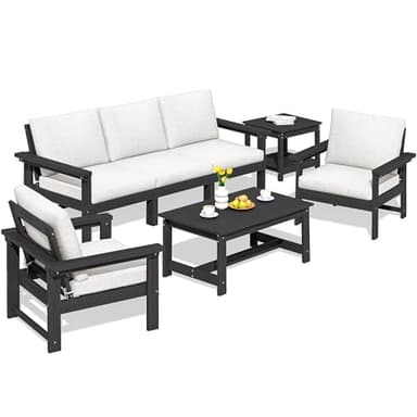 SERWALL HDPE Patio Furniture Set, 7-Piece Outdoor Sectional Sofa Set, All Weather Outdoor Couch Set for Deck, Lawn, Black Frame with Khaki Cushion - Image 1