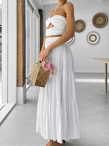 ANRABESS Women’s Summer Boho Flowy Swing Tiered A-Line Maxi Skirt 2025 Fashion Trendy Elastic Waist Pleated Long Beach Dress with Pockets White X-Large - Image 3