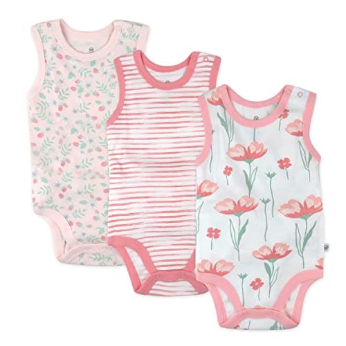 HonestBaby Sleeveless and Cami Bodysuits One-piece 100% Organic Cotton for Baby Boys, Girls, Unisex, Strawberry Pink Floral, Newborn - Image 1