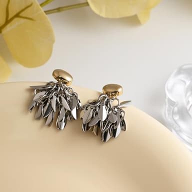 Two Tone Leaf Tassel Earrings 14K Gold Plated and Silver Hanging Earrings Silver Drop Dangle Earrings for Women Trendy - Image 4