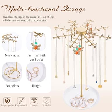 PABOBIT Rotating Necklace Holder Jewelry Stand, Gold Necklace Organizer Display with 48 W-shaped Hooks,Jewelry Organizer for Necklaces Earrings Rings Storage Tree, Presents for Women - Image 6