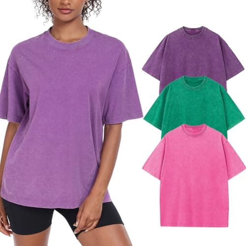 3 Pack Womens Washed Vintage Oversized T-Shirt Casual Baggy Streetwear Boyfriend Tee Workout Short Sleeve Cotton Tops(W-PKGNPP,XL) - Image 1