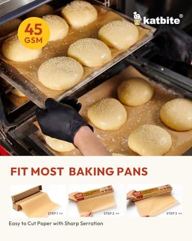 2 Value Pack 15in x 242ft, 300 Sq.Ft Unbleached Parchment Paper Roll for Baking, Katbite Parchment Baking Paper with Serrated Cutter, Non-stick Roll for Cooking, Air Fryer, Steaming, Bread - Image 2