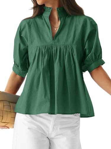 Cicy Bell Womens Puff Sleeve V Neck Blouse Babydoll Peplum Tops Dressy Casual Pleated Loose Fit Shirts Dark Green - Image 1