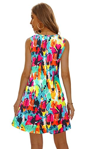 Summer Dresses for Women 2025 Casual Sundresses Beach Cover Ups Sleeveless Tshirt Swing Dress with Pockets 2X-Large Rainbow - Image 3
