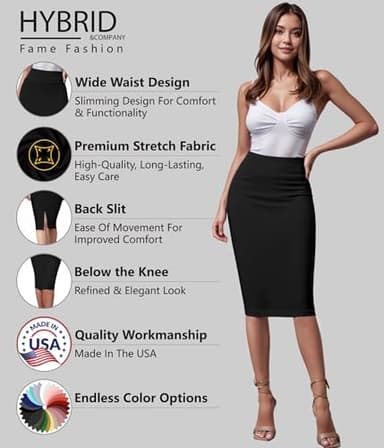 Hybrid & Company Women's Premium Nylon Ponte Stretch High Waist Pencil Suit Skirt Below Knee KSK45002 1073T Black M - Image 2