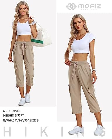 MoFiz Womens Capris with Pockets Loose Fit Casual Capri Pants Lightweight Ladies Cargo Pants for Hiking Khaki 2XL - Image 6