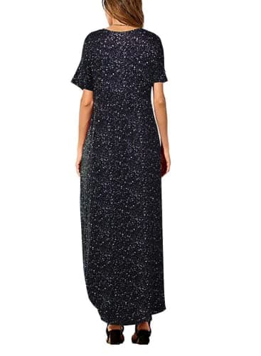 HUSKARY Women's Summer Maxi Dress Casual Loose Pockets Long Dress Short Sleeve Split-Foil Silver - Image 2