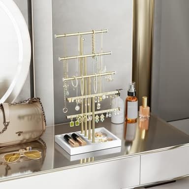 Love-KANKEI Jewelry Organizer Stand,5 Tier Large Necklace Holder with Wood Base,Jewelry holder stand Tree for Display,Bracelets Earrings Rings,Height Adjustable Gift White and Gold - Image 7